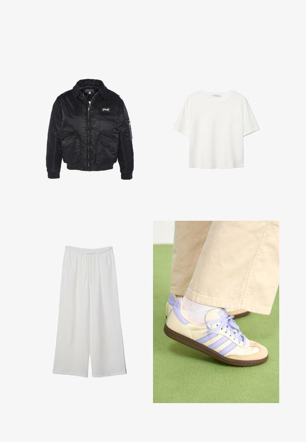 Black bomber jacket, satin material, zip closure, two front pockets, and one sleeve pocket. Features a Schott logo patch on chest.; White short-sleeve t-shirt made of cotton. Features a crew neckline and a relaxed fit. Smooth texture with no visible patterns or accents.; White wide-leg trousers made of lightweight fabric, featuring an elastic waistband and a drawstring for adjustable fit. Smooth texture.; Cream and lavender sneakers with three stripes and a textured brown sole, featuring laces and a padded heel. Soft fabric upper.