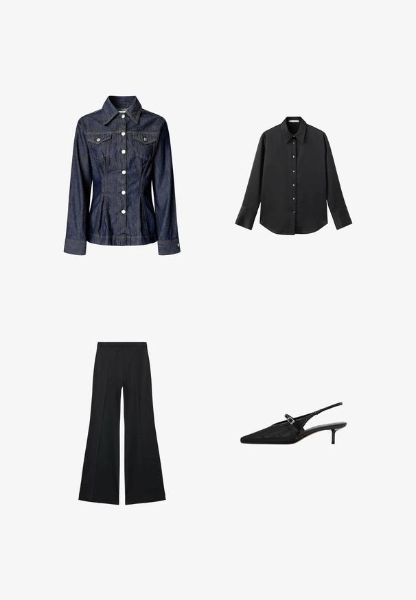 Tamnosivi traper jakna s prednjim duplim dugmadima, dva džepa na prsima s preklopima, dugim rukavima i krojem koji naglašava figuru.; Crna košulja dugih rukava od glatkog materijala, s klasičnim ovratnikom, prednjim kopčanjem na dugmad u boji zlatne i širokim manžetnama.; Crne široke hlače s glatkom teksturom, koje imaju prednje nabore i kroj po mjeri. Tkanina je lagana i lepršava.; Crne slingback štikle s šiljastim vrhovima, zasebnom mrežastom gornjom površinom, uskim podesivim remenom sa srebrnom kopčom i 5 cm visokim stiklama.