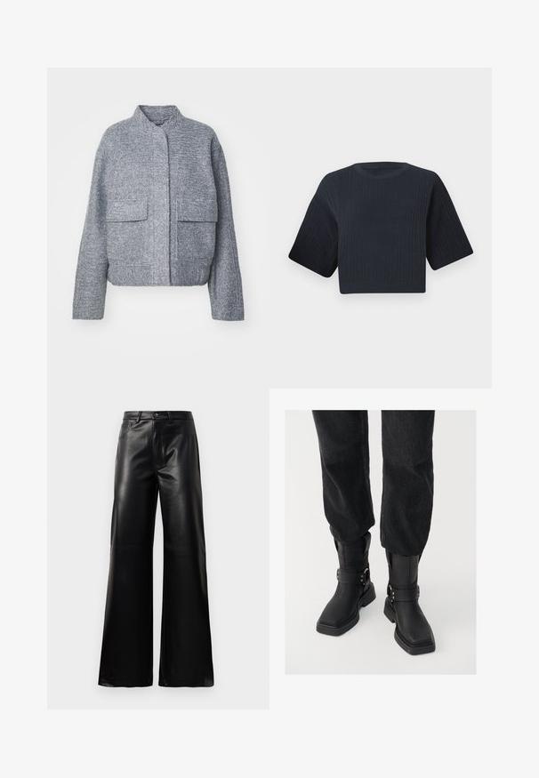 Giacca grigia cropped realizzata in tessuto testurizzato, caratterizzata da un colletto alto, due tasche frontali e una chiusura semplice senza bottoni.; Maglione cropped in nave blu scuro con texture a coste, maniche corte e ampie, e scollatura rotonda. Design semplice, senza motivi o accenti visibili.; Pantaloni ampi a vita alta in ecopelle neri con bottone frontale, chiusura con zip, passanti per cintura e tasche laterali su sfondo bianco.; Stivali alla caviglia in pelle nera con punta quadrata, caratterizzati da una larga fascia e un dettaglio con fibbia metallica. Gli stivali hanno una suola spessa e una texture liscia.