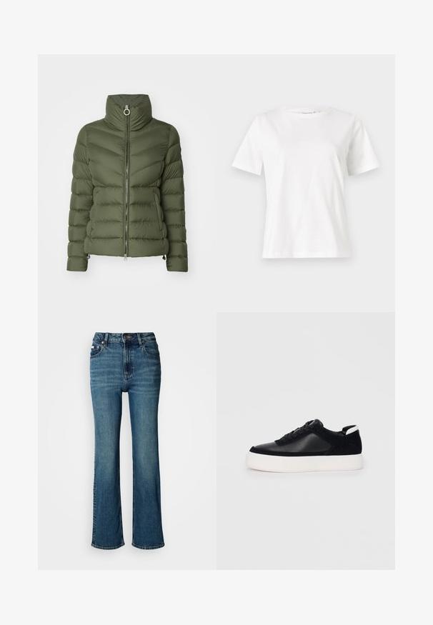 Colmar Originals LADIES - Μπουφάν με πούπουλα - mud; Λευκό βαμβακερό μπλουζάκι με κοντά μανίκια, στρογγυλή λαιμόκοψη και άνετη εφαρμογή. Λείο υφασμάτινο, χωρίς σχέδια ή αξεσουάρ, μινιμαλιστικός σχεδιασμός.; Τζιν ψηλής μέσης σε μπλε χρώμα από τζιν ύφασμα, με ευθεία γραμμή, διακριτική ατραξιόν και κανονικό κλείσιμο με κουμπί και φερμουάρ.; Μαύρο αθλητικό παπούτσι με λείο δέρμα και σουέτ πάνελ, επίπεδα κορδόνια, στρογγυλή μύτη και λευκή καουτσούκ σόλα. Διακριτό λογότυπο στη φτέρνα.