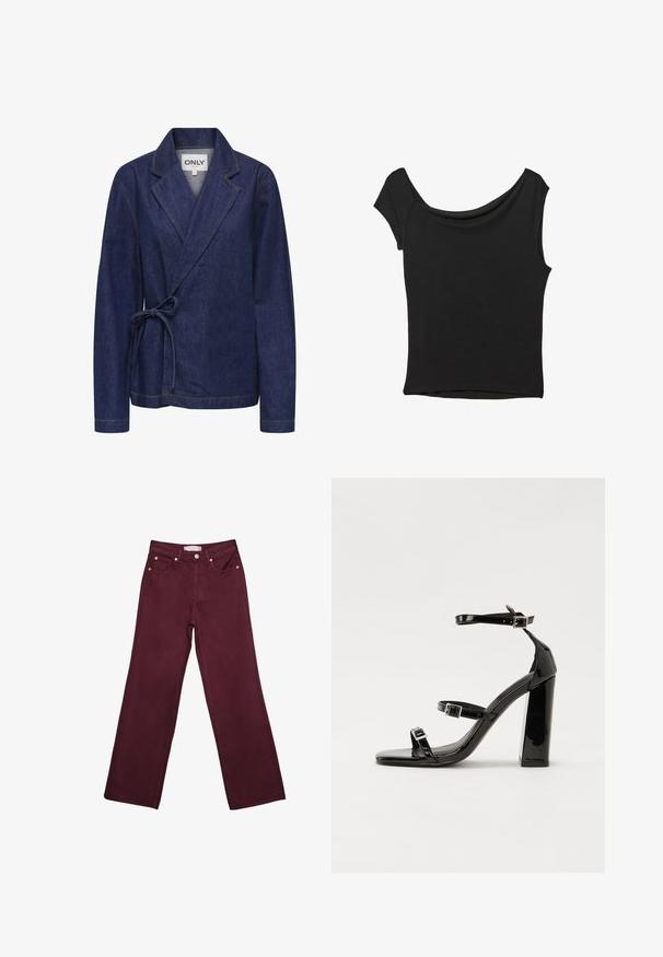 Jeansjakke i mørkeblå med sjalskrave, indpakningsdesign, bånd i taljen og kontrastfuld gul syning. Lange ærmer og afslappet pasform.; Sort kortærmet top lavet af glat stof; har en draperet halsudskæring og en asymmetrisk kant, med en tætsiddende pasform.; Bordeaux højtaljede jeans med lige ben-design, der har forlommer, en knaplukning og hardware-detaljer i kobberfarve.; Sorte patenterede hælsandaler med firkantet tå, ankelremme og sølvspænder. Har en chunky blokHæl for stabilitet.