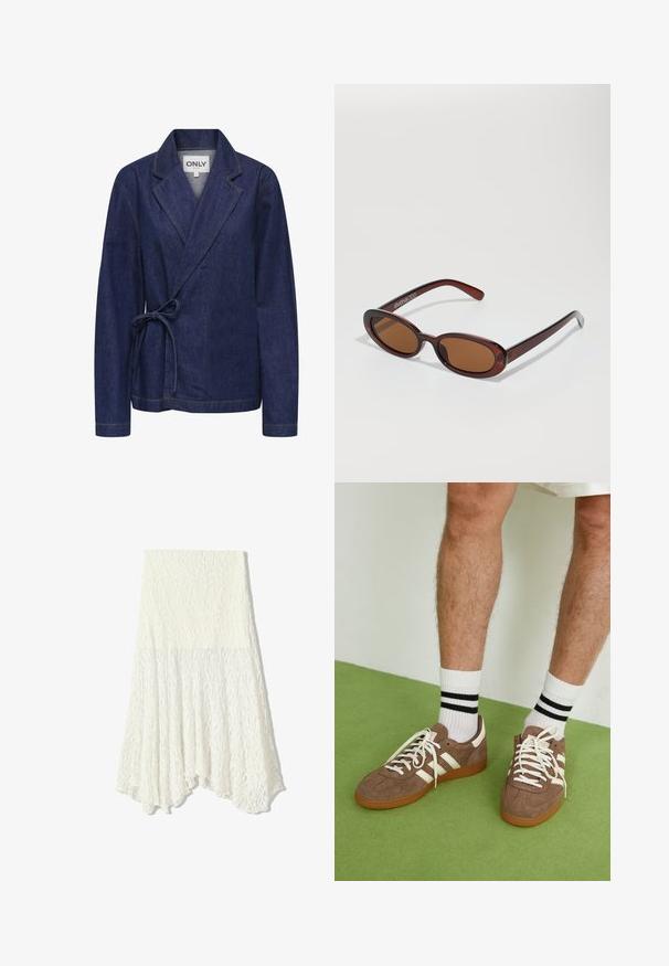 Denim jakna v temno modri barvi z šal ovratnikom, ovitek zasnovo, zavezovanje v pasu in kontrastnim rumenim šivom. Dolge rokave in sproščen kroj.; Bela bombažna majica brez rokavov s kroglasto izrezom in prilegajočim krojem. Gladka tekstura, enostavna zasnova in minimalne šivanske podrobnosti.; Bela čipkasta krila z teksturno vzorcem, z asimetrično spodnjico in tekočo silhueto, izdelana iz lahkega materiala.; Rjavi semiš športni čevlji z belimi detajli in vezalkami. Gumijast podplat. Nošeni z belimi nogavicami z črnimi črtami. Zelena teksturirana talna obloga.; Okrogle, rjavo obarvane sončne naočare z sijočim burgundskim okvirjem. Tanek nosilec s subtilnim logotipom. Oblika leč je ravna.