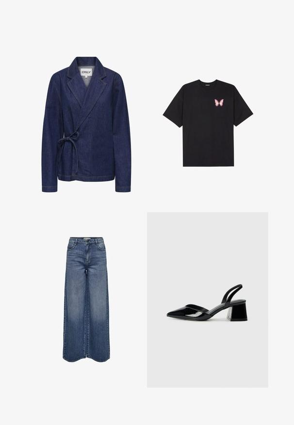 Jeansjakke i mørkeblå med sjalskrave, indpakningsdesign, bånd i taljen og kontrastfuld gul syning. Lange ærmer og afslappet pasform.; Sort bomulds T-shirt med korte ærmer, prydet med en lille pink sommerfugl grafik på venstre bryst. Rund hals design med en afslappet pasform.; Bredde ben blå denim jeans med høj talje, klassisk fem-lomme design og en lysvasket finish for en afslappet pasform.; Sorte patentlæder slingback hæle med spids tå og en geometrisk blok hæl. Har et elegant, minimalistisk design og en glat tekstur.