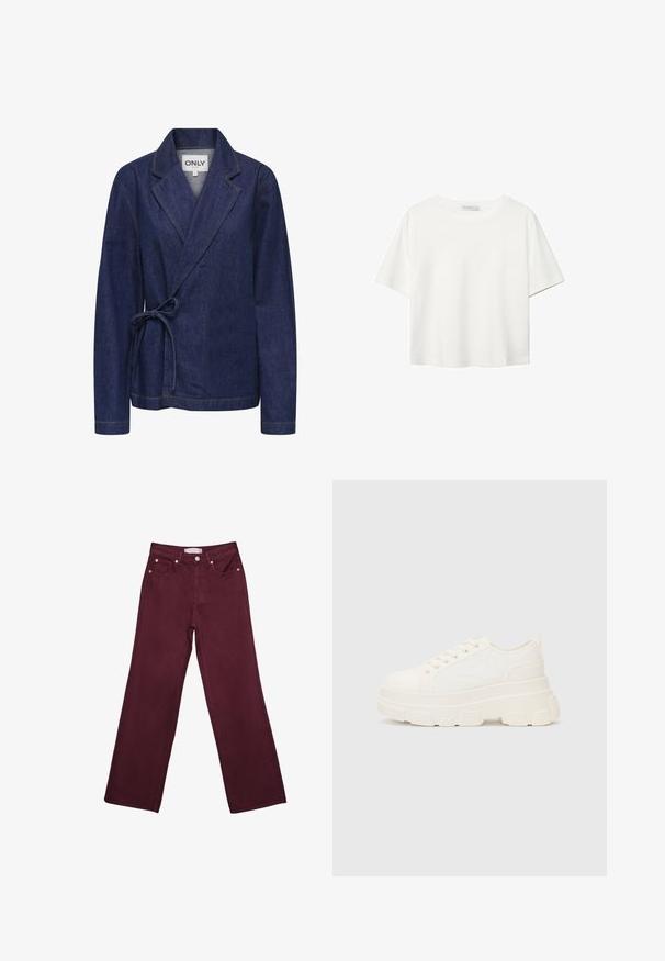 Jeansjakke i mørkeblå med sjalskrave, indpakningsdesign, bånd i taljen og kontrastfuld gul syning. Lange ærmer og afslappet pasform.; Hvid kortærmet t-shirt lavet af bomuld. Har en rund halsudskæring og en afslappet pasform. Glat tekstur uden synlige mønstre eller detaljer.; Bordeaux højtaljede jeans med lige ben-design, der har forlommer, en knaplukning og hardware-detaljer i kobberfarve.; Hvide lærreds sneakers med en kraftig sål, rund tå og fem snørehuller. Bagstrop for nem påtagning. Glat tekstur, minimalistisk design.