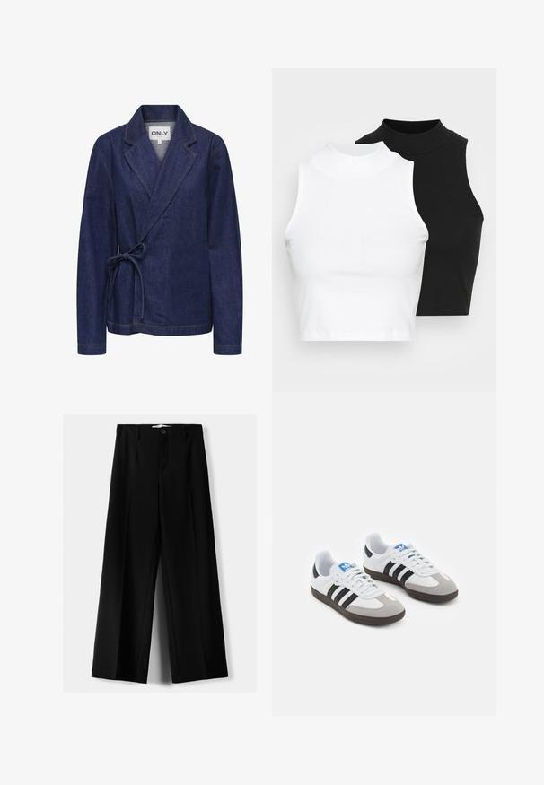 Jeansjakke i mørkeblå med sjalskrave, indpakningsdesign, bånd i taljen og kontrastfuld gul syning. Lange ærmer og afslappet pasform.; To kjoleløse ribbede turtleneck-toppe i sort og hvid, med en tætsiddende design og glat tekstur, samt cropped længde.; Sorte brede bukser lavet af letvægtsstof, med frontknaplukning og glat front, samt pænt syede kanter.; Sportsko med en overdel i hvid læder, grå ruskind på tåen og tre sorte striber. Har et blåt logo på tungen og en struktureret gummisål.