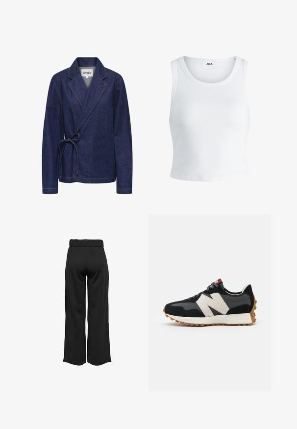 Jeansjakke i mørkeblå med sjalskrave, indpakningsdesign, bånd i taljen og kontrastfuld gul syning. Lange ærmer og afslappet pasform.; Hvid ribbet tanktop med rund halsudskæring, ærmeløs design og cropped længde. Etiketten står der "JJXX." Glat stoftekstur.; Sorte, vide bukser med elastisk talje, lavet af glat stof. Har et enkelt design uden lommer eller synlige sømdetaljer.; Sort og grå ruskinds sneakers med et stort cremefarvet "N" logo, lilla snørebånd og en struktureret gummisål.