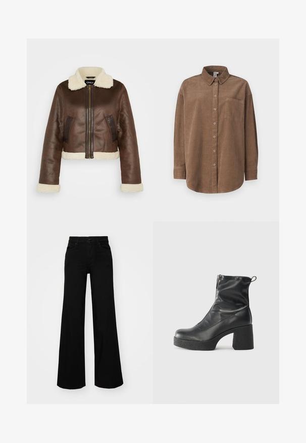 Brun kunstlær cropped jakke med pelskrage, matchende mansjetter og sidelommer; har front glidelås og kontrasterende paneler.; ONLY ONLAIME MOXI LONG - Skjortebluse - fossil; Svart vide bukser laget av denim, med en strukturert midjebånd, beltestropper og frontlommer. Glatt tekstur med et klassisk design.; Svarte ankelstøvler laget av glatt lær, med glidelås på siden, chunky strukturert hæl, og rund tå-design.