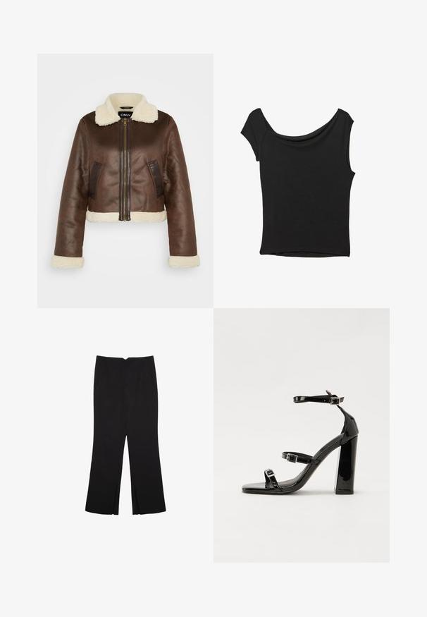 Brahna umetna usnjena kratka jakna s krznom na ovratniku, usklajenimi manšeti in stranskimi žepi; ima sprednje zadrgo in kontrastne panele.; Črna kratka majica s kratkimi rokavi iz gladkega blaga; ima drapiran izrez in asimetrično spodnjo rob, s prilegnjenim telesom.; Črne hlače ravnega kroja z naglavnimi žepi in stranskimi razporki na robu. Narejene iz mehke, gladke tkanine. Primerne za različne priložnosti.; Črne lakirane sandale s peto, kvadratnim prstom, trakovi okrog gležnja in srebrnimi zaponkami. Opremljene so s stabilno Debelo peto.