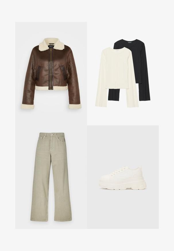 Brun faux læder cropped jakke med pelset krave, matchende manchetter og sidelommer; har frontlynlås og kontrasterende paneler.; Sæt med to langærmede toppe i hvid og sort. Ribbet tekstur, rund halsudskæring, tætsiddende design med let udvidede ærmer.; Khaki bredde ben jeans lavet af bomuldsblanding. Har en knaplukning, fem lommer og en ren, struktureret stofoverflade.; Hvide lærreds sneakers med en kraftig sål, rund tå og fem snørehuller. Bagstrop for nem påtagning. Glat tekstur, minimalistisk design.