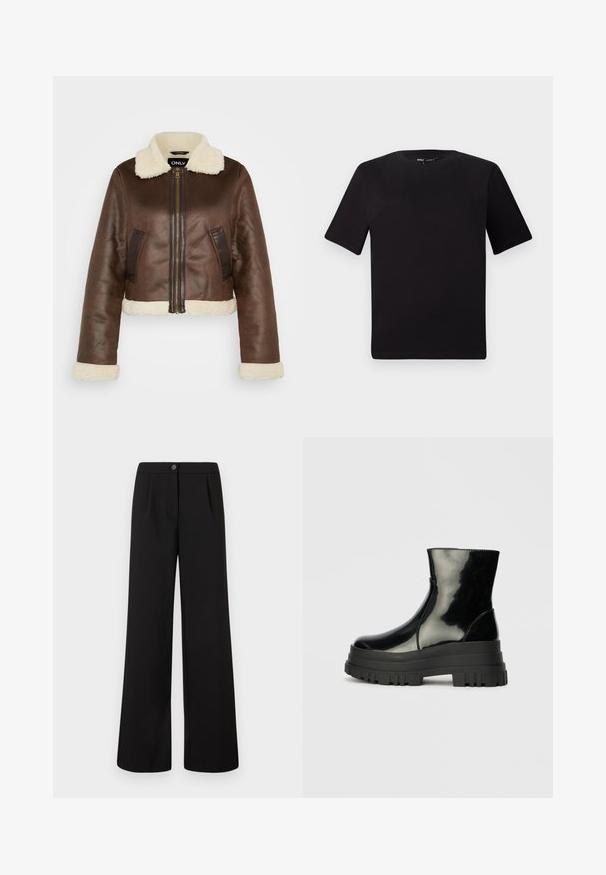 Ruskea tekonahkainen lyhyt takki, jossa on lampaanvillakaulus, vastaavat hihat ja sivutaskut; takissä on etuvetoketju ja kontrastiväriset paneelit.; Musta lyhythihainen t-paita pyöreällä kaula-aukolla, valmistettu pehmeästä puuvillakankaasta. Yksinkertainen malli, ei näkyviä logoja tai kuvioita.; Musta korkea vyötärö ja leveälahkeiset housut, joissa on edessä nappi ja vetoketjukiinnitys, ja vyötärön alla on hienovaraisia poimuja.; Musta kiiltävä nilkkuri paksulla karkealla pohjalla ja pyöristetyllä kärjellä, sivukuva vaaleanharmaalla yksinkertaisella taustalla.