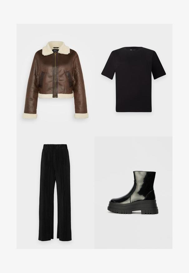 Brown faux leather cropped jacket with shearling collar, matching cuffs, and side pockets; features front zipper closure and contrasting panels.; Black short-sleeve t-shirt with a round neckline, crafted from soft cotton fabric. Simple design, no visible logos or patterns.; Black pleated trousers with an elastic waistband. Features wide legs and a smooth, textured fabric with vertical stripes.; Black glossy ankle boot with thick lug sole and rounded toe, side view on plain light gray background.