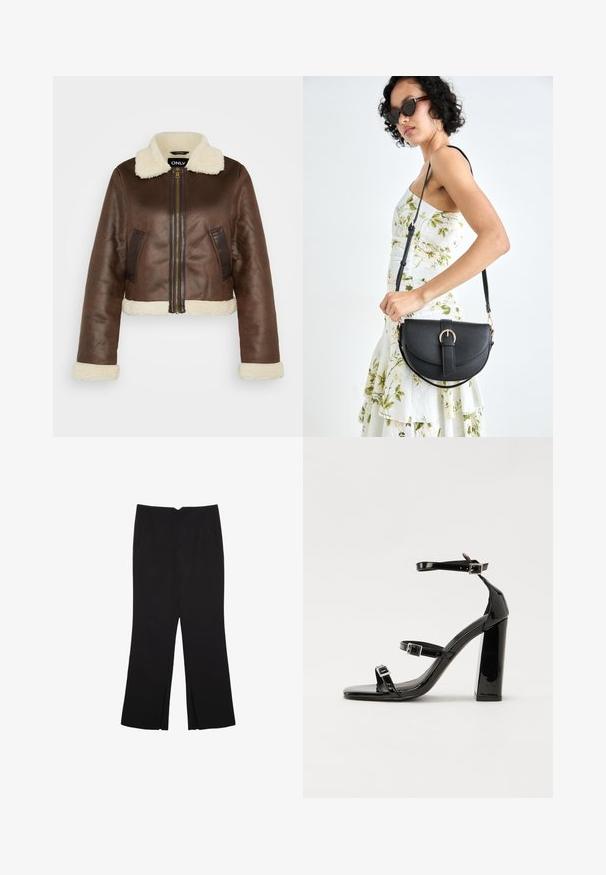 Veste cropped en simili cuir marron avec col en shearling, poignets assortis et poches latérales ; dotée d'une fermeture éclair à l'avant et de panneaux contrastants.; Débardeur noir en coton, avec un col rond et des emmanchures larges. Texture lisse avec des ourlets cousus. Design classique et minimaliste.; Pantalon noir avec une coupe droite, doté de poches avant et d'éclairs sur l'ourlet. Fabriqué en tissu doux et lisse. Convient à diverses occasions.; Sandales à talons hauts en cuir verni noir avec deux brides à boucles, bout carré et talon bloc épais, présentant une texture lisse et brillante.; Sac à main en cuir noir avec une forme courbée, bandoulière amovible et des accessoires en or. Le sac est doté d'un rabat avec un détail de boucle.