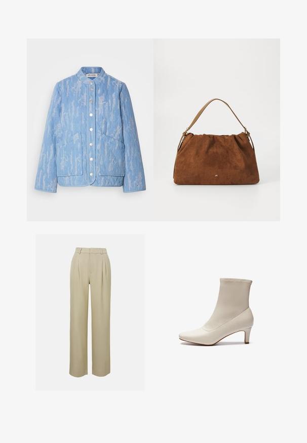 Heledsinine tikkjack, millel on tekstuuriga muster, ümar kaelus, nööbiga sulgemine ja kaks suurt eesmist taskut. Sile kangas.; Kootud sviiter kreemjas ja tumepruunis. Omab geomeetrilist mustrit, soonikkoes kaelust ja äärt, pikki varrukasid ning lühikest lõike.; Beezhides laiad püksid, mis on valmistatud siledast kangast, millel on ees pleated, meisterdatud vöökoht ja küljetaskud. Puhtad allääred.; Valge pahklöök made of sile nahk, terava ninaga ja lühikese, kitseneva kanna ning minimalistliku disainiga ja saumatult pealpool.; Pruun nubukist käekott, millel on kokku tõmmatud disain, ühesaanvärvilise naha rihmaga ja esiküljel peen kuldne logo detail.