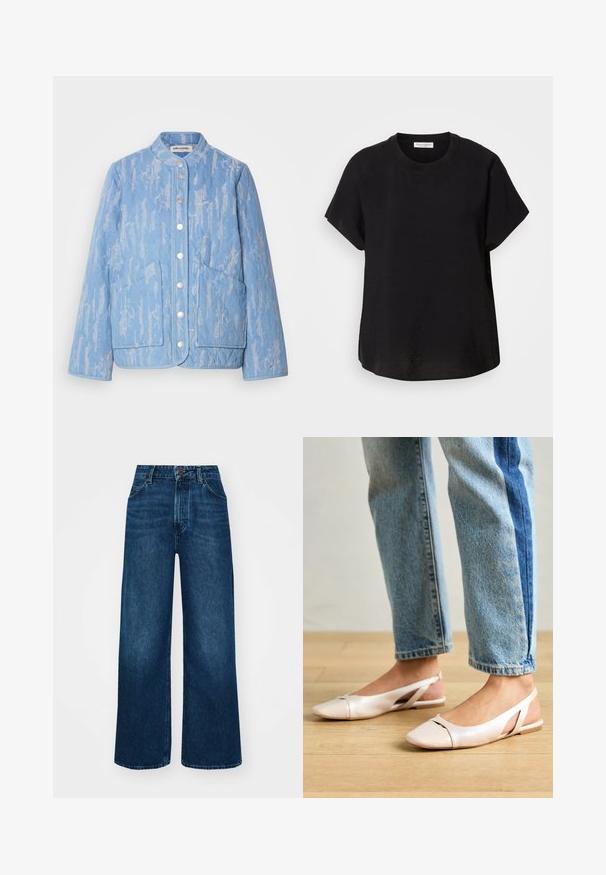 Šviesiai mėlyna siuvinėta striukė su tekstūruotu raštu, apvaliu iškirpimu, mygtukų uždarymu ir dviem didelėmis priekinių kišenėmis. Lygus audinio paviršius.; Juodas trumpas rankovėmis marškinėliai su apvaliu kaklu. Pagaminti iš lengvos medžiagos, turi laisvą siluetą ir tiesią apatinę dalį.; Aukšto liemens, platėjantys džinsai tamsiai mėlynos džinsinės medžiagos su lygia tekstūra, kontrastingomis siūlėmis ir penkių kišenių dizainu. Priekinis mygtukų užsegimas.; Šviesiai rožiniai slingback baleto bateliai su smailiu pirštu, pagaminti iš lygios odai panašios medžiagos. Yra išpjovimų detalės šonuose ir plokščias kulnas.