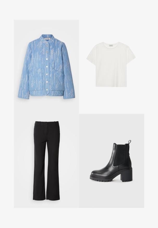 Heledsinine tikkjack, millel on tekstuuriga muster, ümar kaelus, nööbiga sulgemine ja kaks suurt eesmist taskut. Sile kangas.; Valge lühikeste varrukatega t-särk, mis on valmistatud pehmest puuvillast. Omab ümmargust kaelust ja mugavat lõiget. Puhtad jooned, ilma nähtavate mustrite või aktsentideta.; Mustad puuvillasegu püksid sirge lõikega, ees nupuga kinnitamine ja kaks külge taskut. Sile tekstuur, nähtavaid mustreid ei ole.; Must musta külgniidi ja tõmbehaaratsi ning tekstuurses tallas lisatoe jaoks. Karm kõrgendatud konts.