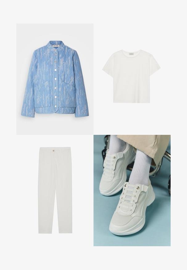 Pikowana kurtka w jasnoniebieskim kolorze z teksturowanym wzorem, okrągłym dekoltem, zapięciem na guziki i dwiema dużymi kieszeniami z przodu. Gładkie wykończenie materiału.; Biała koszulka z krótkim rękawem wykonana z miękkiej bawełny. Posiada okrągły dekolt i luźny krój. Czysty design bez widocznych wzorów czy akcentów.; Białe, dopasowane spodnie z prostymi nogawkami, posiadające zapięcie na guzik, szlufki na pasek oraz kieszenie boczne; gładka tekstura materiału.; Białe sneakersy z siateczkowego materiału, gumową podeszwą, bezsznurowym designem z elastycznymi paskami oraz złotymi akcentami.