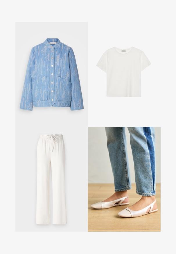 Prošívaná bunda v světle modré barvě s texturovaným vzorem, kulatým výstřihem, zapínáním na knoflíky a dvěma velkými předními kapsami. Hladký povrch látky.; Bílé tričko s krátkým rukávem vyrobené z měkké bavlny. Má kulatý výstřih a volný střih. Čistý design bez viditelných vzorů nebo akcentů.; Bílé kalhoty s širokými nohavicemi vyrobené z měkké tkaniny, s elastickým pasem na šňůrku a hladkým povrchem. Žádné vzory ani dekorace nejsou viditelné.; Světle růžové slingback baleríny s špičatou špičkou, vyrobené z hladkého koženému materiálu. Obsahují vystřihovací detaily po stranách a plochý podpatek.