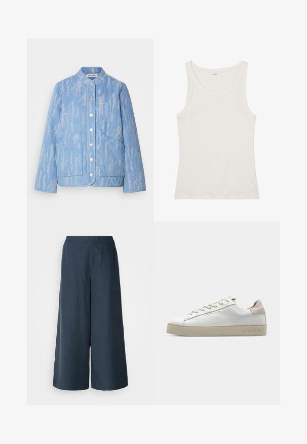 Jachetă matlasată de culoare albastru deschis, cu un model texturat, guler rotund, închidere cu nasturi și două buzunare mari în față. Finisaj din material neted.; Top din bumbac alb, fără mâneci, cu un decolteu larg și bretele subțiri. Textură netedă, fără modele sau embellismente vizibile.; Pantaloni cu picioare largi de culoare bleu marin, dintr-un material ușor. Caracteristici o suprafață ușor texturată, talie elastică și cusături frontale.; Adidași din piele albă cu finisaj neted, accente din suede bej, vârf rotund, design cu șireturi plate și talpă din cauciuc texturat.