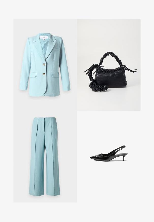 Blazer pour femme bleu clair avec col en V, deux boutons à l'avant, poches à rabat et poche poitrine, présenté sur un fond blanc.; Top noir à épaules dénudées en tissu doux et extensible, présentant des détails froncés et une conception de large bretelle d'un côté.; Pantalons larges bleu clair avec des plis verticaux, confectionnés en tissu lisse, présentant une taille haute et des détails de couture droite.; Des escarpins en cuir noir à talon slingback, avec un bout pointu, un petit talon kitten et un détail de nœud décoratif à l'avant. Texture lisse sur toute la surface.; Sac à main en simili cuir noir avec une texture crocodile, un dessus resserré et une sangle froncée. A l'apparence douce et compacte.