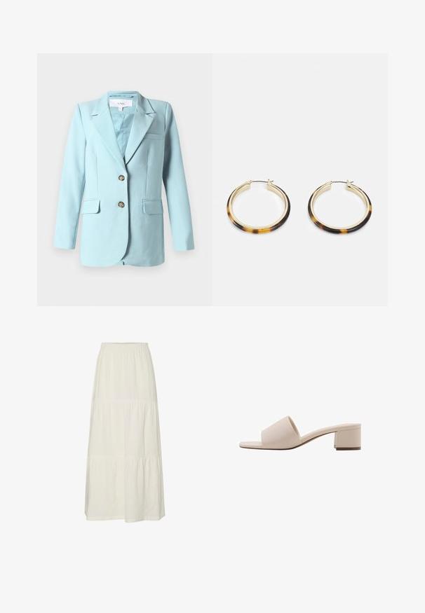 Svetlo modrý dámsky blazer s klopovým golierom, dvoma prednými gombíkmi, klopovými vreckami a náprsním vreckom, vystavený na bielom pozadí.; Biela blúzka bez ramienok s volánikmi, riasenou textúrou a elastickým pásom. Vyrobená z jemnej bavlnenej tkaniny.; Biela, poschodová maxi sukňa vyrobená z ľahkej, textúrovanej látky s elastickým pásom. Má tri odlišné sekcie látky.; Bežové sandále na blokovom podpätku s širokým remienkom a otvorenou špičkou. Hladký materiál a elegantný dizajn. Krátky, pevný podpätok pre stabilitu.; Zlaté náušnice vo forme kruhov so vzorom žiabra na vonkajšej hrane z živice, s hladkým povrchom a elegantným, okrúhlym tvarom.