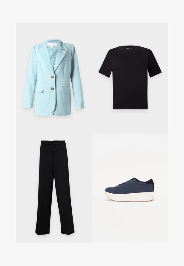 Világoskék női blézer, betekert gallérral, két elülső gombbal, hajtókás zsebekkel és mellkasi zsebbekkel, fehér háttéren.; Fekete, rövid ujjú póló, kerek nyakkal, puha pamutból készült. Egyszerű dizájn, nincs látható logó vagy minta.; Fekete, széles szárú nadrág sima anyagból, klasszikus derékrésszel, gombzárral és elülső redőkkel.; Sötétkék sportcipő, texturált szövet felsőrész, fehér platform talp, lekerekített orr és fekete sarok akcentussal. Hat fűzőlyuk található rajta.