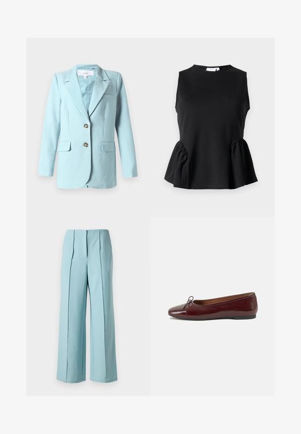 Lyseblå kvinneblazer med notkkrage, to frontknapper, klafflommer og brystlomme, vist på hvit bakgrunn.; Svart ermeløs topp med rund halslinje og innsamlet peplum-side detalj, laget av glatt, elastisk stoff. Enkelt, rent design.; Lyseblå vide bukser med lodrette folder, laget av glatt stoff, med høy midje og rette sømdetaljer.; Burgunderrød lakk lær ballettleilighet med rund tå, liten sløyfe foran og en lav, svart gummisåle. Glatt tekstur.