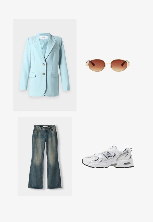 Vaaleansininen naisten bleiseri, jossa on hammaslakki, kaksi etunappia, läpälliset taskut ja rinnan welt-tasku, esillä valkoisella taustalla.; Valkoinen pitkähiha, jossa on pyöreä kaula-aukko. Valmistettu sileästä kankaasta, joka on istuvassa muodossa. Tarra näkyvissä kaulassa. Ei kuvioita tai koristeita.; Siniset leveälahkeiset farkut, joissa on haalistunut pesu, viisi taskua ja nappikiinnitys. Materiaalissa on farkkukangas, jossa on hienovaraisia ompeluyksityiskohtia.; Valkoinen urheilushoe, jossa on verkkomateriaali päällä, laivastonsiniset yksityiskohdat ja pehmeä pohja. Varustettu "N"-logolla, nauhoilla ja teksturoidulla yksityiskohdalla sivussa.; Pyöreät aurinkolasit, joissa on kultainen metallikehys, ruskeat gradient-linssit, kirkkaat muoviosat sivuilla ja ruskeat kuvioidut sankakäänteet.