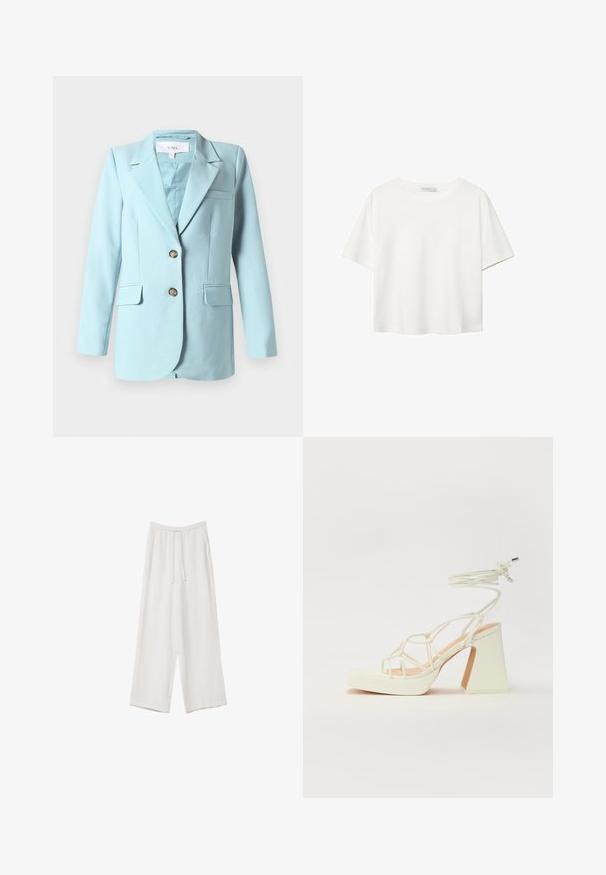 Lys blå dames blazer med udsnitkrave, to frontknapper, klaplommer og brystlomme, vist på hvid baggrund.; Hvid kortærmet t-shirt lavet af bomuld. Har en rund halsudskæring og en afslappet pasform. Glat tekstur uden synlige mønstre eller detaljer.; Hvide bukser med bred benlængde lavet af et letvægtsstof. Har et elastisk talje med snor og sidelommer. Glat tekstur.; Hvide højhælede sandaler med en kraftig hæl, der har et stropdesign og ankelbinding. Glat tekstur med en platform foran for ekstra højde.