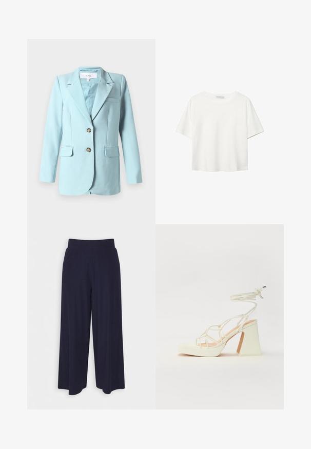 Hellblaues Damen-Blazer mit Reverskragen, zwei vorderen Knöpfen, klappbaren Taschen und Brustpaspeltasche, auf weißem Hintergrund präsentiert.; Weißes T-Shirt mit kurzen Ärmeln aus Baumwolle. Hat einen Rundhalsausschnitt und eine lockere Passform. Glatte Textur ohne sichtbare Muster oder Akzente.; Weit geschnittene Hosen aus dunkelnavy Stoff mit strukturiertem Rippendesign. Merkmale sind ein glatter Hosenbund und eine luftige Silhouette, die bis zur Mitte der Wade reicht.; Weiße High-Heel-Sandale mit einem klobigen Absatz, die über ein Riemchendesign und ein Knöchelband verfügt. Glatte Textur mit einer Plattform vorne für zusätzliche Höhe.