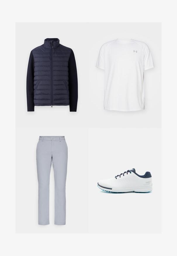 Mørkeblå pufferjakke med høj krave, lynlås foran og polstret krop. Strikkede ærmer og sidelommer skaber en tekstureret kontrast.; Hvid kortærmet sportsbluse lavet af glat stof. Har en rund halsudskæring og et gråt logo på venstre bryst, samt slidser i siderne ved kanten.; Lys grå bukser med lige snit, knaplukning, forlommer og et glat, struktureret stof. Minimalistisk design, uden mønstre.; Hvide sportssko med en glat syntetisk overdel, blå detaljer, tekstureret marineblå hæl og en letvægts, pigget sål for godt fodfæste.
