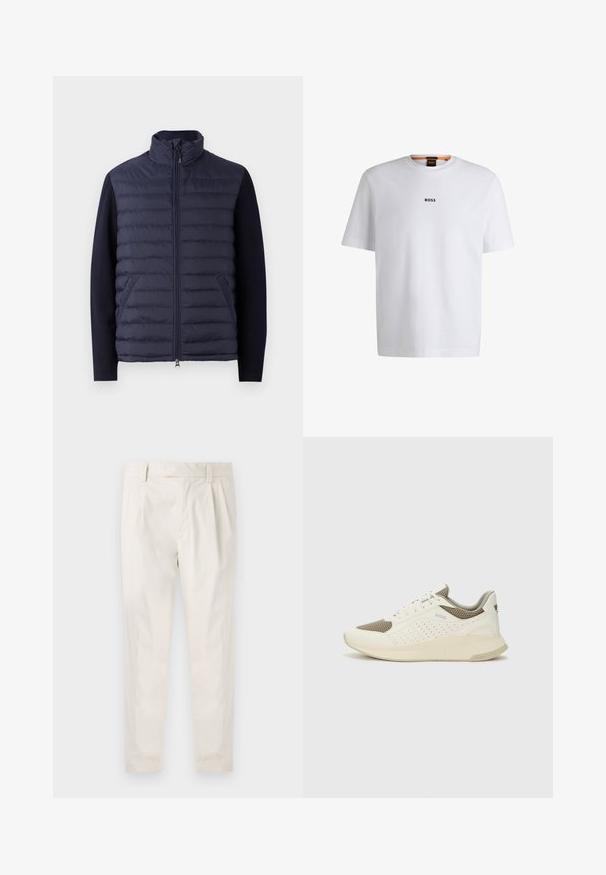 Mørkeblå pufferjakke med høj krave, lynlås foran og polstret krop. Strikkede ærmer og sidelommer skaber en tekstureret kontrast.; Hvid bomuld T-shirt med korte ærmer, med et sort "BOSS" logo centreret på brystet og en rund halsudskæring.; Hvide, plisserede bukser med en skræddersyet pasform, der har en glat overflade, bæltestropper og smalnede ben. Ingen synlige lommer eller mønstre.; Hvide og lyse beige sportssko med en mesh-overdel, perforerede detaljer og en tekstureret mellemsål med branding på hælen.