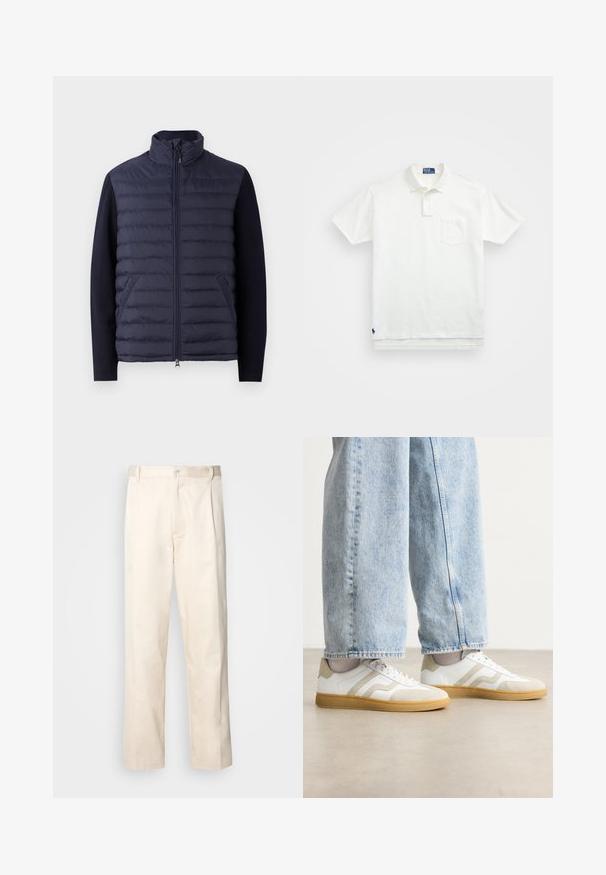 Tumši zils pūkains mētelis ar augstu apkakli, rāvējslēdzēja priekšu un polsterētu ķermeni. Adītas piedurknes un sānu kabatas rada teksturētu kontrastu.; Balta polo krekls, izgatavots no kokvilnas, ar klasisku apkakli, trīs pogu aizdari un kreisajā krūtī kabatu; neliels logo apakšmalā.; Bežā krāsā auduma bikses ar taisnu kāju griezumu, pievienotām pogu aizdares un priekšējiem krokām papildu detaļām.; Baltas sporta apavi ar bežām zamšādām akcentiem un gaišiem gumijas zoliņām; iekļauj zemu topa dizainu un teksturētu detaļām augšdaļā.