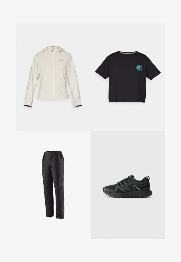 Light beige waterproof jacket with a hood, featuring a front zipper, elastic cuffs with black accents, and a logo on the upper left side.; Black cotton short-sleeve T-shirt featuring a circular multicolored logo on the chest. Straight hem and relaxed fit.; Black waterproof pants with an elastic waistband, side zip pockets, tapered legs, and smooth texture. Suitable for outdoor activities.; Columbia PEAKFREAK - Hiking shoes - black