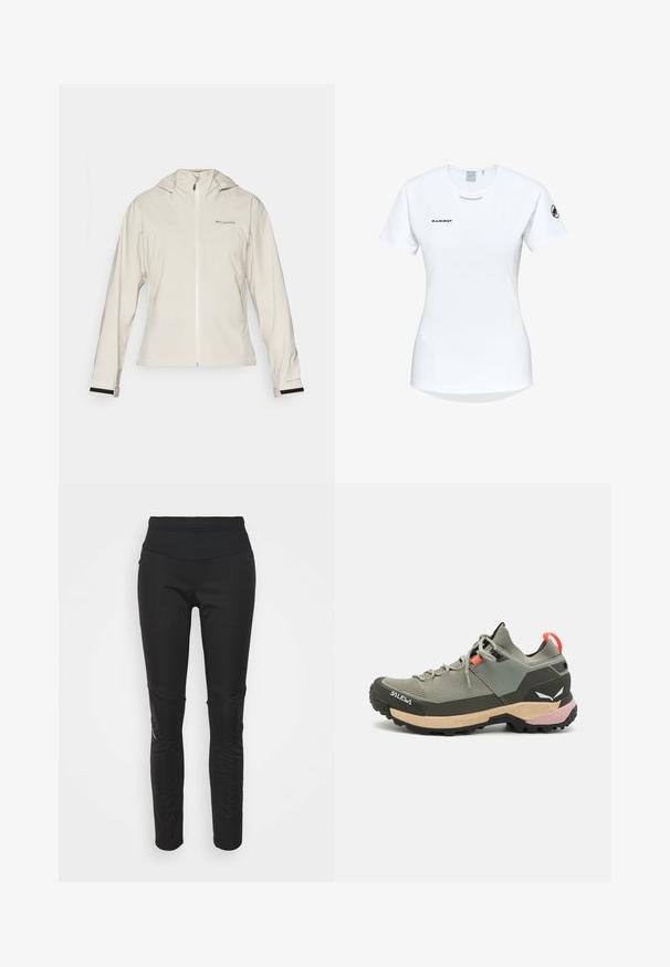 Giacca impermeabile beige chiaro con cappuccio, dotata di zip frontale, polsini elasticizzati con accenti neri e logo sul lato superiore sinistro.; Maglietta atletica bianca a maniche corte con colletto rotondo, dotata di un logo sul petto e una texture di tessuto liscia e leggera.; Leggings sportivi neri con una vita alta, texture liscia, dettaglio del logo e pannelli laterali per un maggiore interesse visivo.; Scarpa da trekking leggera verde con materiali in rete e gomma, suola antiscivolo nera, accenti rosa e arancioni e punta rinforzata.