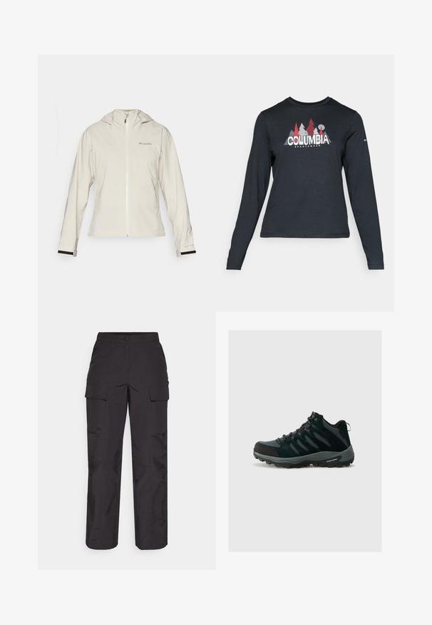 Jachetă impermeabilă de culoare bej deschis, cu glugă, prevăzută cu un fermoar frontal, manșete elastice cu accente negre și un logo pe partea stângă sus.; Cămașă cu mâneci lungi de culoare gri închis, cu un grafic de copaci roșii și munți; logo-ul "COLUMBIA" în text alb îngroșat. Material moale, guler standard de tip crew.; Pantaloni cargo negri dintr-un material durabil, cu mai multe buzunare laterale, închidere cu nasture și o croială lejeră cu picioare drepte.; Columbia REDMOND - Pantofi drumeție - black/citron haze
