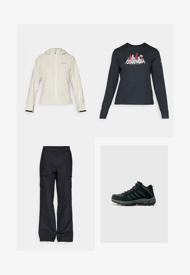 Világos bézs vízálló dzseki kapucnival, elülső cipzárral, rugalmas mandzsettákkal feketés részletekkel, és logóval a bal felső oldalon.; Hosszú ujjú, sötétszürke ing piros fákkal és hegyekkel díszítve; a "COLUMBIA" logó vastag fehér betűkkel. Puha anyag, klasszikus kerek nyakkivágás.; Columbia BREA FALLS™ COTTON RIPSTOP PANT - Szabadtéri nadrágok - black; Columbia REDMOND - Túracipők - black/citron haze