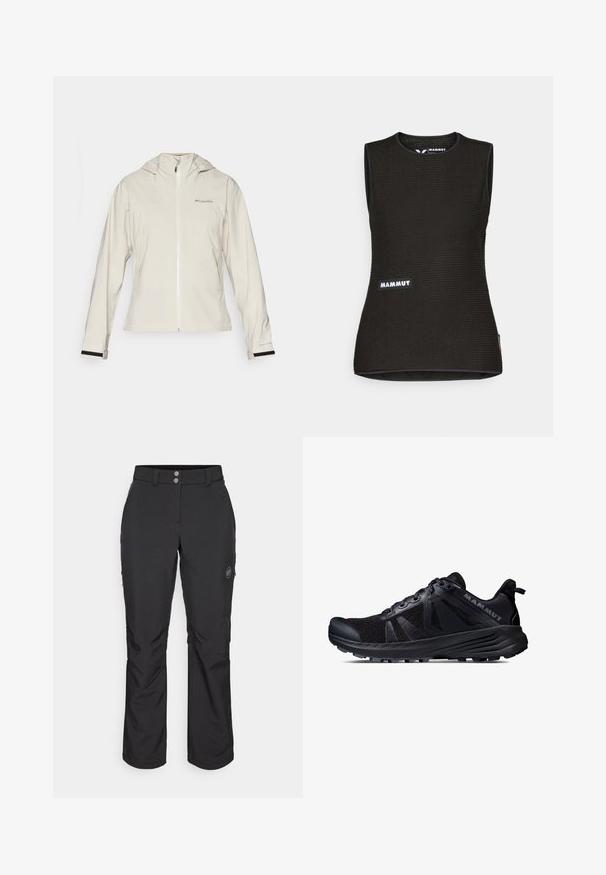 Helle beige wasserdichte Jacke mit Kapuze, ausgestattet mit einem Frontreißverschluss, elastischen Bündchen mit schwarzen Akzenten und einem Logo auf der oberen linken Seite.; Schwarzes ärmelloses Shirt mit einem strukturierten Muster, runder Ausschnitt und einem "MAMMUT"-Logo auf der Vorderseite. Aus atmungsaktivem Material gefertigt.; Schwarze Outdoor-Hosen mit geradem Schnitt, Knopfverschluss, seitlichen Reißverschlusstaschen und einem Logo-Patch auf dem linken Oberschenkel.; Schwarzer Trailrunning-Schuh mit einem Obermaterial aus Mesh und Gummisohle. Mit strukturierten Überzügen, verstärkter Zehenkappe und Markenlogo an der Ferse.