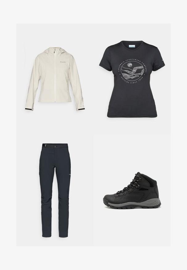 Lys beige vanntett jakke med hette, med frontglidelås, elastiske mansjetter med svarte detaljer, og en logo på øvre venstre side.; Svart Columbia t-skjorte med hvit sirkulær fjell- og elvlinjekunst og tekst "Columbia Sportswear Company Outside Since 1938."; Herre utendørsbukser, mørkegrå, laget av fleksibelt materiale, med belte, glidelåslommer og forsterkede sømmer.; Sorte turstøvler med mid-topp design, som har en teksturert overdel, grå detaljer og slitesterk gummisåle med godt grep.