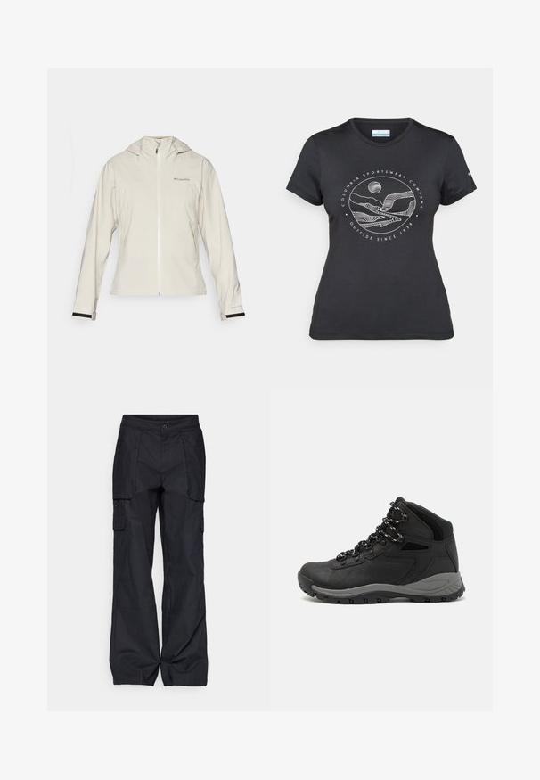 Šviesiai kreminė vandeniui atspari striukė su kapišonu, turinti priekinį užtrauktuką, elastinius rankogalius su juodais akcentais ir logotipą viršutiniame kairiajame šone.; Juodas "Columbia" marškinėliai su balta apskrita kalnų ir upės linijų grafika bei tekstu "Columbia Sportswear Company Lauke nuo 1938 metų."; Columbia BREA FALLS™ COTTON RIPSTOP PANT - Lauko kelnės - black; Juodas žygio botas su vidutinio aukščio dizainu, pasižymintis tekstūruota viršutine dalimi, pilkų akcentų ir patvaria guma padanga su sukibimo gumbais.