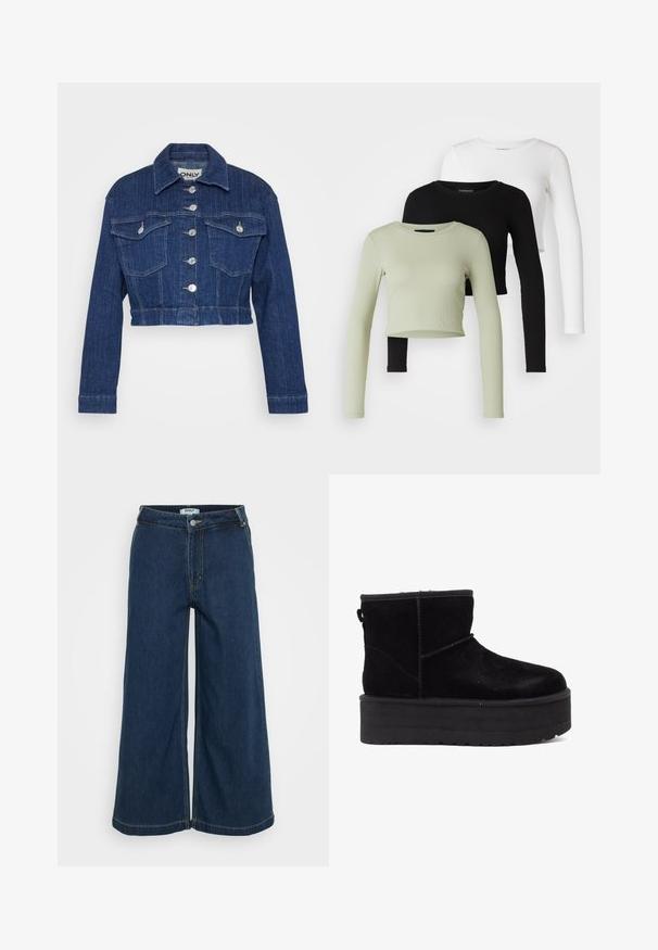 Kratka denimska jakna v temno modri barvi, z ovratnikom, srebrnimi dodatki, dvema žepoma na prsih in gumbom za zapiranje spredaj.; Even&Odd Petite 3 PACK - Majica z dolgimi rokavi - black/white/light green; Široke jeans hlače v temno modri barvi. Imajo gumbasto zapiranje, pet žepov, svetlo šivano obrobo in gladko teksturo.; Črne semiš gležnjarje z debelim podplatom in mehkimi podlogami. Zaključene z dekorativnimi šivi in zadnjim trakom za lažje obuvanje.