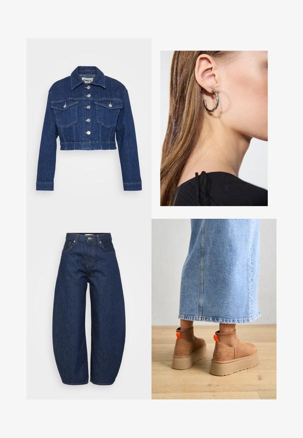 Lyhytty denim-takki tummansinisessä värissä, jossa on kaulus, hopeiset yksityiskohdat, kaksi rintataskua ja nappikiinnitys edessä.; Even&Odd Petite 2 PACK - Toppi - light grey/black; Tummansiniset farkut, joissa on leveä ja rento istuvuus. Niissä on vetoketjullinen haarakiinnitys, neljä taskua ja kontrastiväriset saumat.; Ruske mokasine z platformo in elastiko na straneh ter oranžnimi zategovalnimi trakovi, v kombinaciji z osnovno dolžino svetle denim krila na lesenem podu.; Hopea renkaankorvakoru kiiltävällä pinnalla, jossa on pieniä kultaisia yksityiskohtia ja pyöreä muoto, käytetty korvalla.