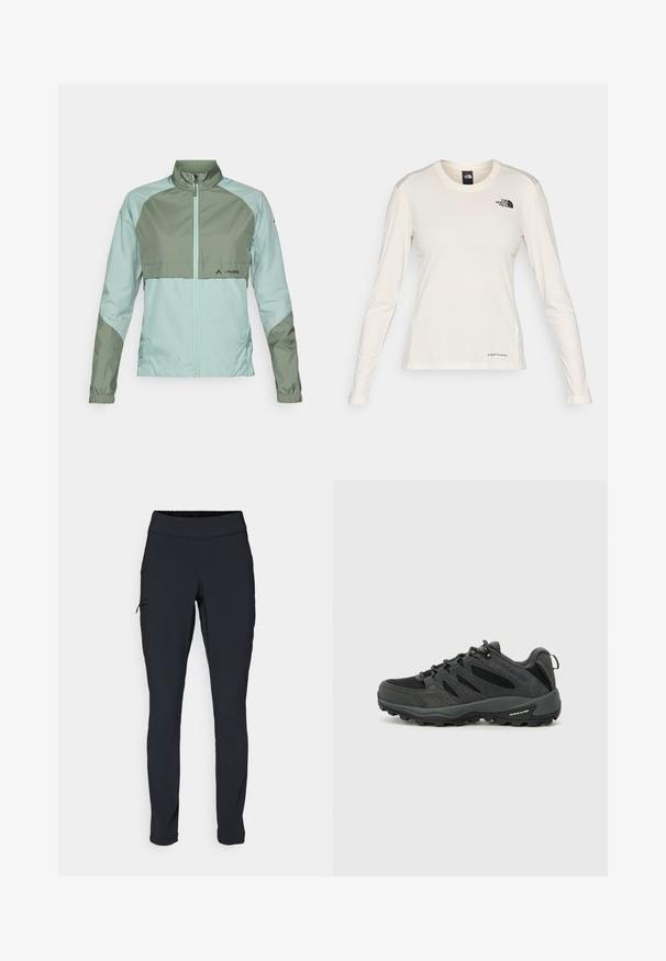 Lightweight jacket featuring a two-tone design in mint and olive green, with a zip closure, high collar, and elastic cuffs.; The North Face SHADOW LONG SLEEVE - Long sleeved top - white dune; Black athletic pants with a slim fit, elastic waistband, and a side pocket featuring a zipper. Smooth, stretchy fabric with minimal seams.; Columbia REDMOND - Hiking shoes - black/citron haze