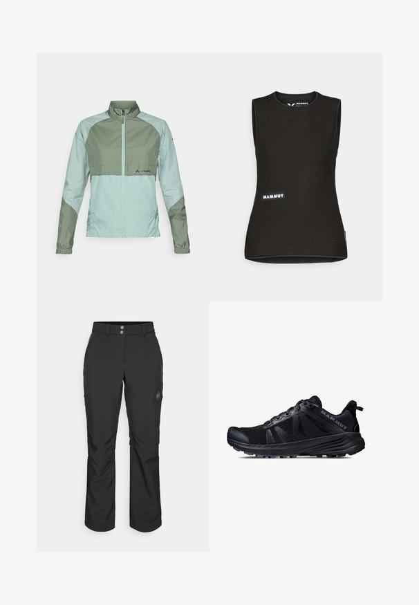 Könnyű dzseki, amely két tónusú mintás menta és olajzöld színben készült, cipzáras záródással, magas gallérral és rugalmas mandzsettákkal.; Fekete ujjatlan póló struktúrált mintával, kerek nyakkivágással és elől található "MAMMUT" logóval. Lélegző anyagból készült.; Fekete, egyenes szabású kinti nadrág, gombos záródással, cipzáros oldalzsebekkel és logóval a bal combon.; Fekete terepfutó cipő hálós felsőrésszel és gumitalppal. Texturált betétekkel, megerősített orr résszel és márkalogóval a saroknál.
