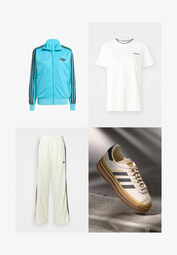 Casaco azul com fecho de correr, feito de poliéster suave, apresentando detalhes em três riscas castanhas nas mangas e um logo discreto no peito.; T-shirt de algodão branca com mangas curtas e decote redondo. Apresenta um logo preto da Adidas no peito e uma gola interna preta em contraste.; Calças de moletom de cor creme com um ajuste descontraído, apresentando riscas laterais castanhas-escuras e um logótipo bordado na coxa esquerda.; Sapatilha Adidas Gazelle com parte superior em camurça creme, detalhes em couro azul, três riscas azuis, entresola bege e sola de borracha castanha.
