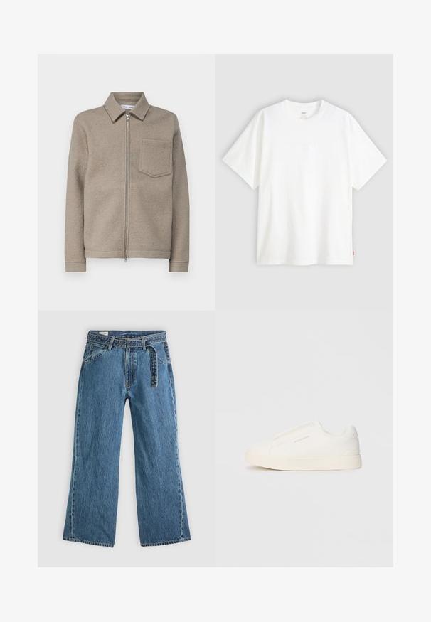 Samsøe Samsøe HANNES FULL ZIP - Vasaras jaka - seneca rock; Balta īslaicīga T-krekla ar īsām piedurknēm, kas izgatavots no kokvilnas, ar apaļu kakla izgriezumu. Priekšpusē ir smalks reljefs ar logotipu un sarkans birka apakšmalā.; Zilas džinsa platās kājas bikses ar pievienotu jostu, priekšējām kabatām un redzamiem šuvumiem uz vienkārša gaiša fona.; Baltas slip-on sporta apavi ar teksturētu virsmu, biezu zoli un minimālistisku dizainu. Sānos redzams zīmola logotips.