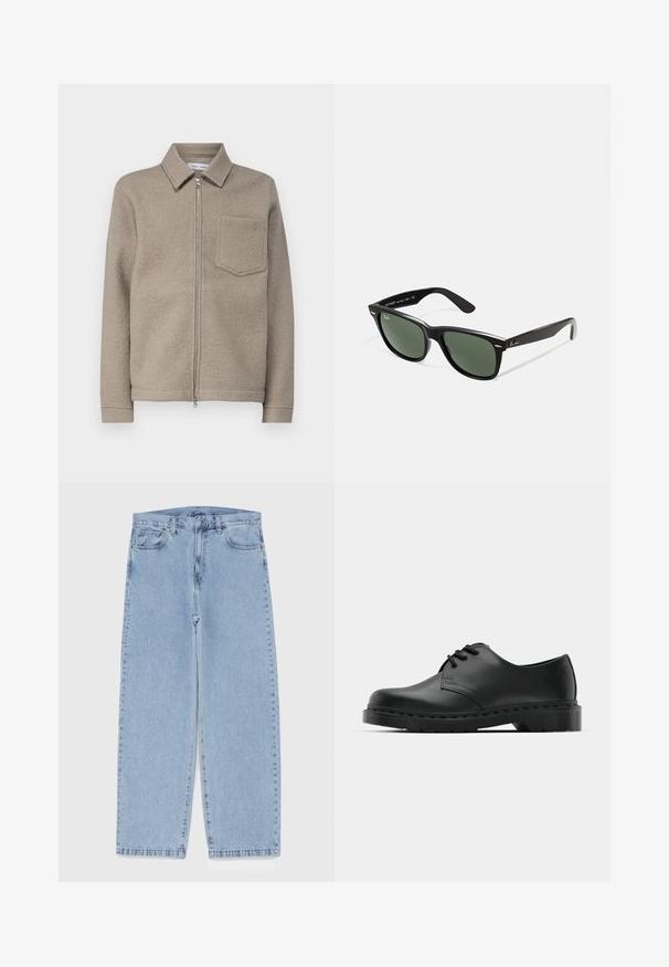 Samsøe Samsøe HANNES FULL ZIP - Ljetna jakna - seneca rock; Bijeli pamučni majica bez rukava s okruglim izrezom, širokim naramenicama i ravnim rubom, s glatkom teksturom i bez vidljivih uzoraka.; Svijetloplave traperice s ravnim nogavicama, sa srednjim strukom, pet džepova i zatvaranjem na dugme i patentni zatvarač.; Crne kožne oxford cipele s vezivanjem, zaobljenim vrhom, ravnim gumenim potplatom i suptilnim detaljima šivanja duž gornjeg dela.; Crne plastične sunčane naočale s zelenim staklima, kvadratni okviri, srebrni naglasak na obrvi i teksturirane ručke. Naziv brenda naveden na unutrašnjoj strani ručke.