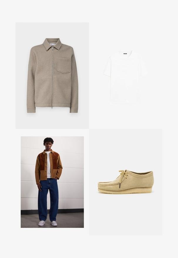 Samsøe Samsøe HANNES FULL ZIP - Let jakke / Sommerjakker - seneca rock; Hvid bomulds t-shirt med korte ærmer, rund halsudskæring og lige pasform. Glat tekstur uden synlige mønstre eller detaljer.; Mand, der står indendørs iført en brun cordurojjakke med rustfarvede pletter, hvid t-shirt, løse blå jeans og hvide sneakers.; Beige suedestøvle med snørebåndsdesign, syede detaljer og gummisål. Formen er afslappet med en let hæl.