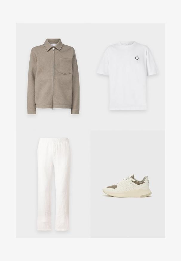 Samsøe Samsøe HANNES FULL ZIP - Skraistė - seneca rock; Balta medvilninė marškinė su laisvu siluetu, su mažą juodą grafiką logotipą kairėje krūtinės pusėje. Trumpomis rankovėmis, apvaliu kaklu.; Baltos lininės kelnių su elastine juosta, tiesaus kirpimo dizainas ir šiek tiek tekstūruota medžiaga. Be raštų ar papildomų detalių.; Baltas ir šviesiai bežinis sportinis kedas, su tinklo viršumi, perforuotais detalėmis ir tekstūruotu tarpine su logotipu ant kulno.