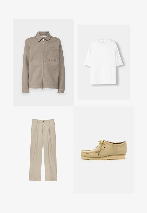 Samsøe Samsøe HANNES FULL ZIP - Giacca leggera - seneca rock; T-shirt bianco a maniche corte realizzato in cotone, con scollatura rotonda e vestibilità rilassata. Texture liscia, senza motivi o dettagli visibili.; Pantaloni beige a taglio dritto, con un solo bottone nero, passanti per la cintura e tasche laterali. Tessuto dalla texture liscia e design minimale.; Scarpa in suede beige con design a lacci, dettagli cuciti e suola in gomma. La forma è casual con un leggero tacco a cuneo.