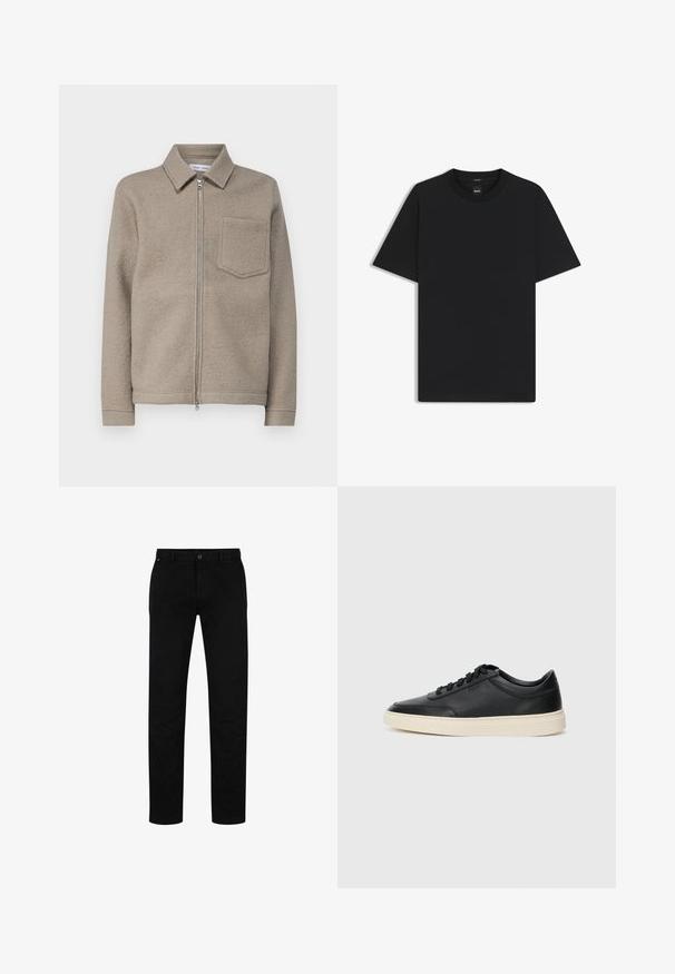 Samsøe Samsøe HANNES FULL ZIP - Tunn jacka - seneca rock; Svart kortärmad T-shirt i en mjuk bomullsblandning, med rundad halsringning och en minimalistisk design utan mönster eller detaljer.; Svarta bomullsbyxor med rak passform, med knappstängning, bälteshällor och minimalistisk design. Slät textur, utan mönster.; Svart låg skor i läder med svarta snören och off-white sula, visas i sidoprofil på vit bakgrund.